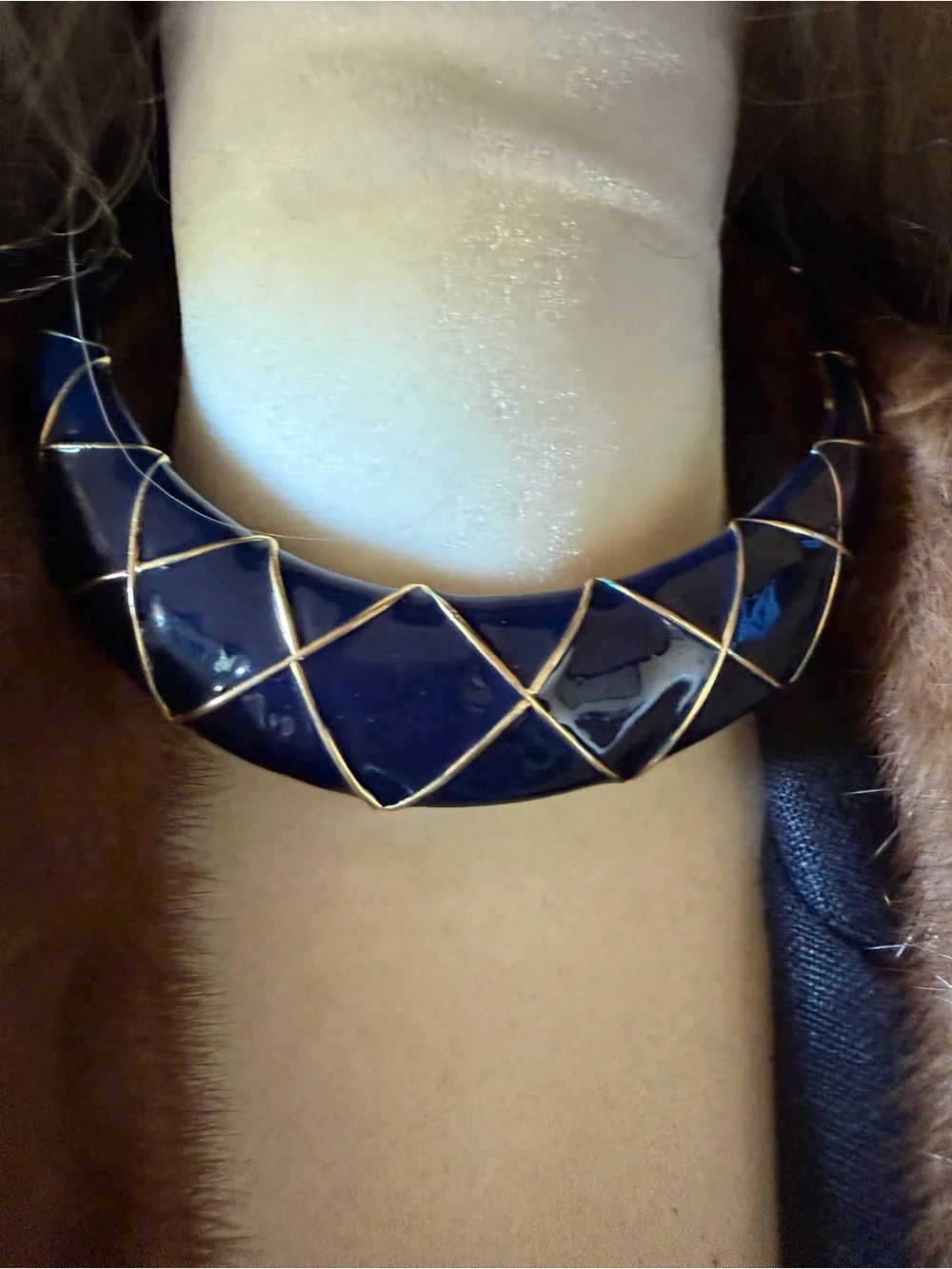 vintage dark navy blue and gold-tone geometric enamel statement choker necklace